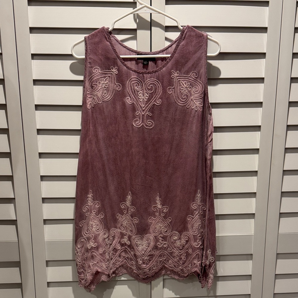 Greater Good Chic Embroidered Tie Dye Sleeveless Top in 100% Rayon.